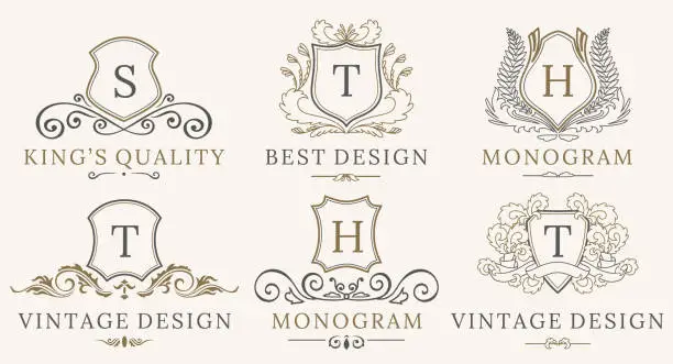 Vector illustration of Retro Royal Vintage Shields Logotype set. Vector calligraphyc Luxury logo design elements. Business signs, logos, identity, spa, hotels, badges