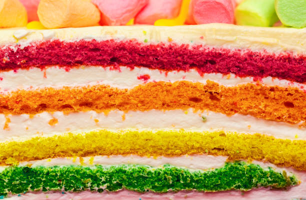 istock Background of multicolor four layer cake with colored  marshmallow on the top. Close up. Rainbow cake texture. 1091885592