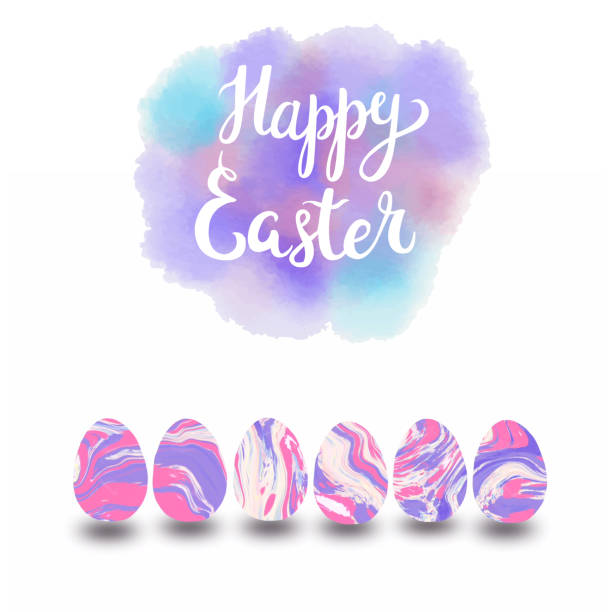 Hand drawn Happy Easter typographic lettering greeting card with Set of pastel colors marbled easter eggs