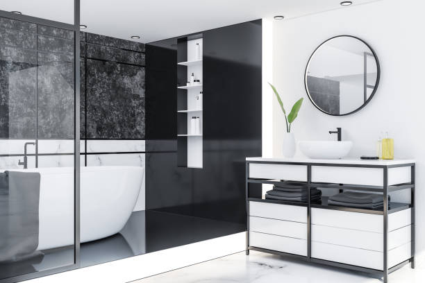 istock White marble bathroom corner, sink and tub 1091887372