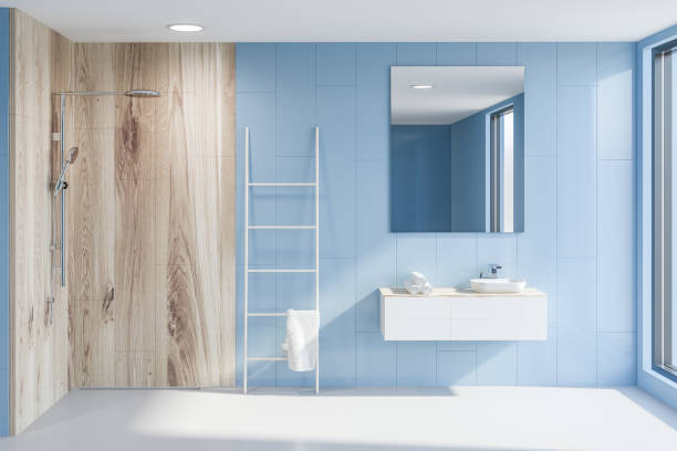 istock Sink and shower in blue bathroom, ladder 1091888650