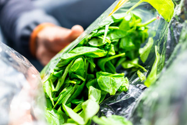 nahaufnahme einer person die hände halten frische roh, kunststoff verpackten beutel grüne spinat, leuchtende farben, gesunde salate - packaged food stock-fotos und bilder
