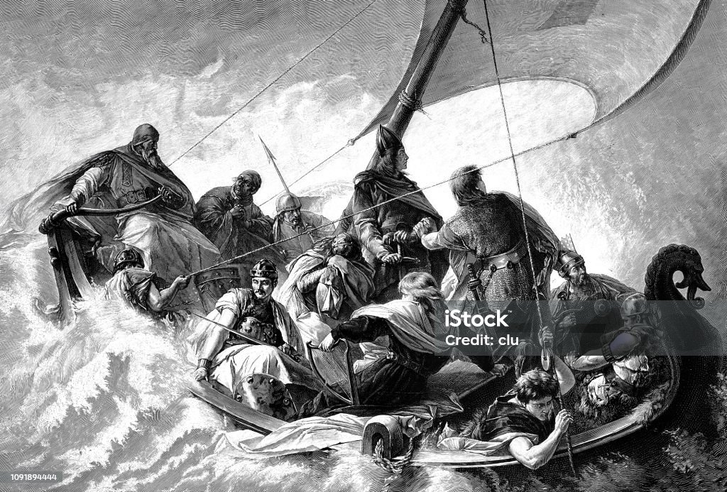 Sea voyage from Charlemagne Illustration from 19th century Charlemagne - Emperor stock illustration