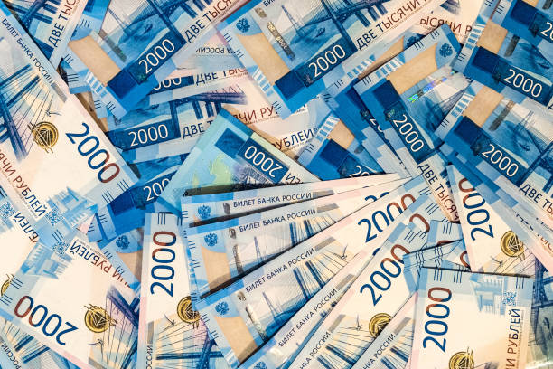 Paper rubles. Russian money banknotes background. Two thousandth bills.