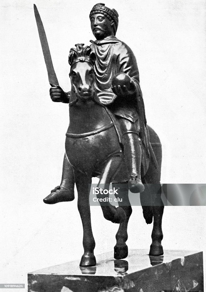 Statue of Charlemagne, on horse, with sword Illustration from 19th century 19th Century stock illustration