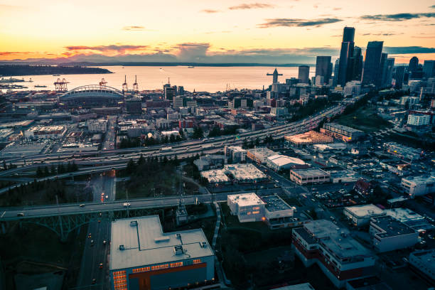 istock Seattle Waterfront Skyline Aerial with Colorful Sunset Afterglow 1091897514