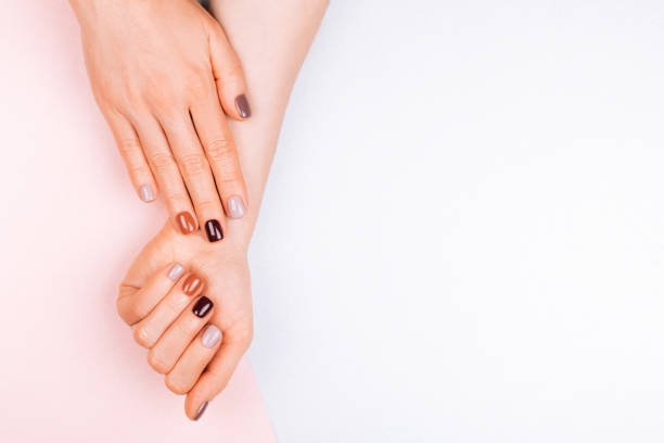 due belle mani da donna con manicure isolate su sfondo bianco. - fingernail nail polish women human hand foto e immagini stock