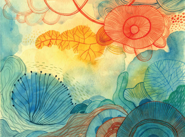 Watercolour doodle background Abstract nature painting sun backgrounds stock illustrations