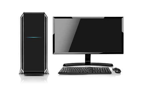 Modern desktop computer with wireless keyboard and mouse is0lated on white.