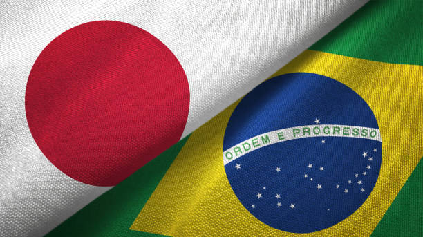 brazil and japan two flags together realations textile cloth fabric texture - japanese flag flag japan textile imagens e fotografias de stock