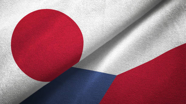 istock Czech Republic and Japan two flags together realations textile cloth fabric texture 1091904372
