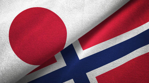 norway and japan two flags together realations textile cloth fabric texture - japanese flag flag japan textile imagens e fotografias de stock