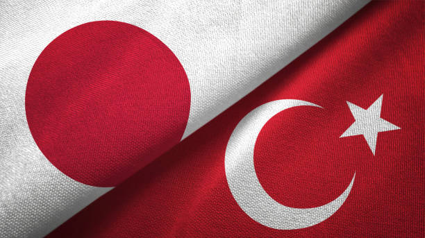 turkey and japan two flags together realations textile cloth fabric texture - japanese flag flag japan textile imagens e fotografias de stock