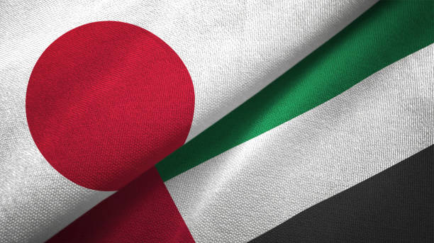 united arab emirates and japan two flags together realations textile cloth fabric texture - japanese flag flag japan textile imagens e fotografias de stock