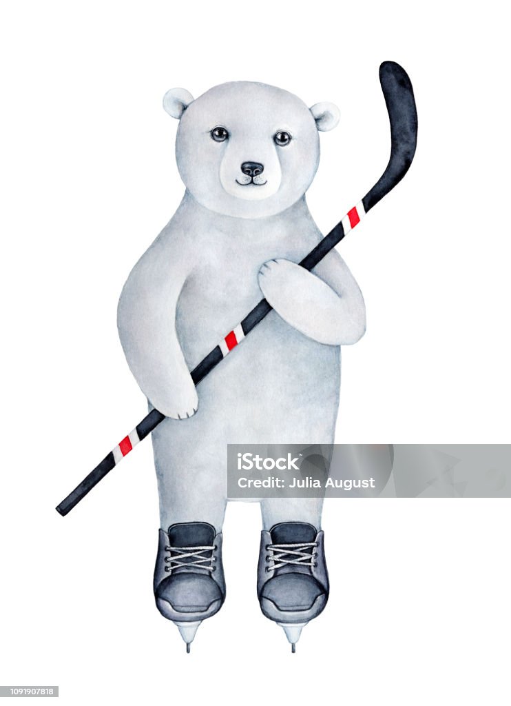 Strong athletic polar bear cub dressed in black ice skating uniform, keeping in hand striped hockey stick. Handmade watercolour drawing on white background. Front view, full lenght, looking at camera. Winter stock illustration