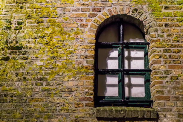 istock mossy brick wall with a old wooden window frame behind bars, historical architecture background 1091912622