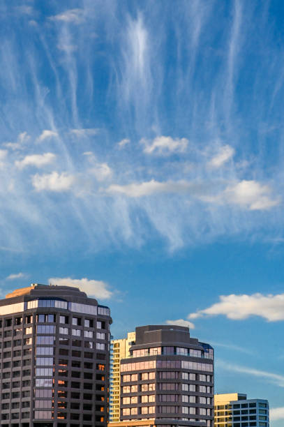 Three skyscraper office buildings, full of metal and glass man made structures intersect with a perfectly blue sky with clouds in wisps making patterns in the sky. Intersection of nature and design