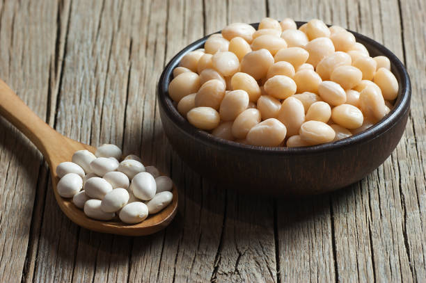 blancs secs haricots haricots et haricots bouillis sur table en bois, tas de notion de légumineuses haricot. fond de légumineuses - white bean salad photos et images de collection