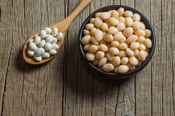 blancs secs haricots haricots et haricots bouillis sur table en bois, tas de notion de légumineuses haricot. fond de légumineuses - white bean salad photos et images de collection