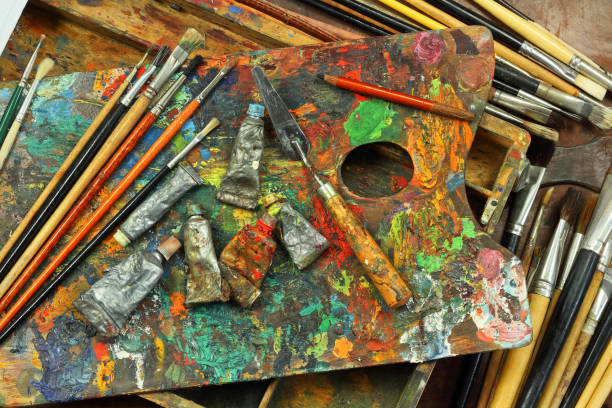 istock Palette, brushes and paint artist 1091928028