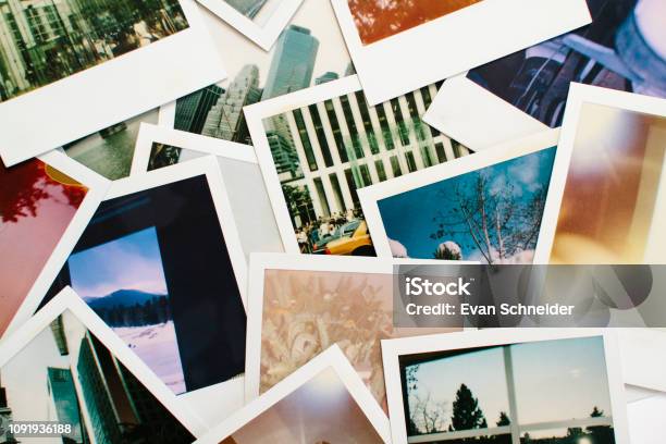 Variety Of Colorful Instant Film Polaroid Pictures Stock Photo - Download Image Now - Photograph, Photography, Instant Print Transfer