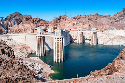 Stock photograph of the landmark Hoover Dam between Nevada and Arizona USA on a sunny day.