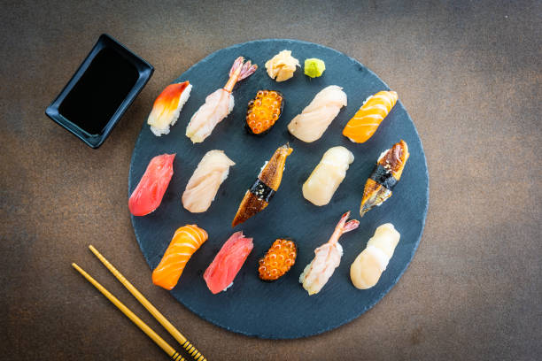 istock Nigiri sushi set with salmon tuna shrimp prawn eel shell and other sashimi 1091995406