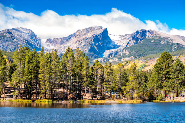 Sprague Lake Hallett Peak and Tyndall Glacier in Rocky Mountain National Park Colorado USA Stock photograph of Sprague Lake, Tyndall Glacier and Hallett Peak in Rocky Mountain National Park Colorado USA on a sunny day front range mountain range stock pictures, royalty-free photos & images