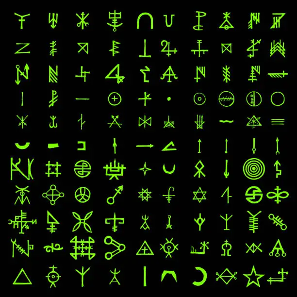 Vector illustration of Alternative of digital green matrix and computer code symbols. Quantum computers and qubit,  hacker and crypto, steampunk, alien programming concept. Vector.