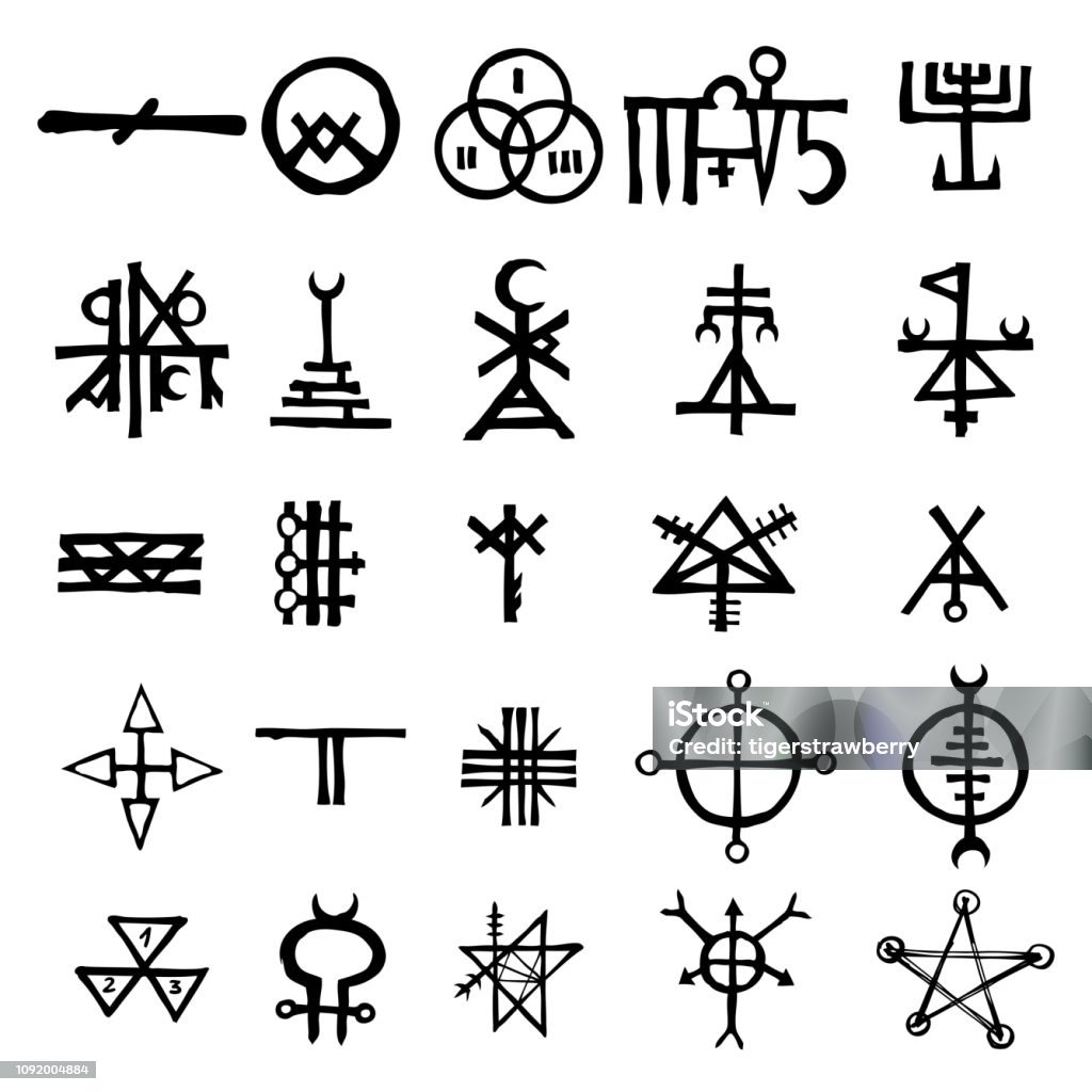 Mystic set with magic circles, pentagram and imaginary chakras symbols. Collection of icons with witchcraft and occult hand writing letters. Esoteric concept. Vector vector Etching stock vector