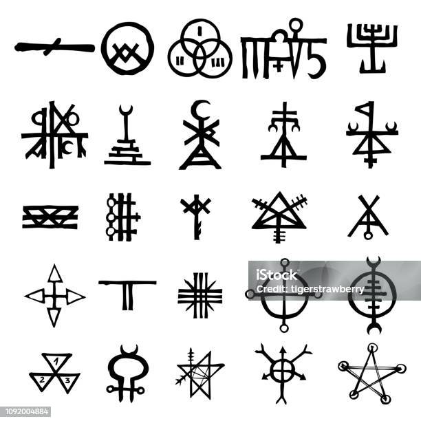 Mystic Set With Magic Circles Pentagram And Imaginary Chakras Symbols Collection Of Icons With Witchcraft And Occult Hand Writing Letters Esoteric Concept Vector Stock Illustration - Download Image Now