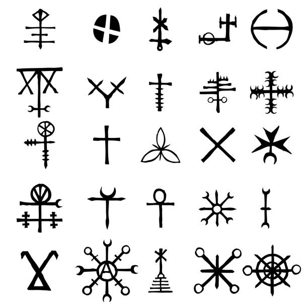 istock Mystic set with magic circles, pentagram and imaginary chakras symbols. Collection of icons with witchcraft and occult hand writing letters. Esoteric concept. Vector 1092004932