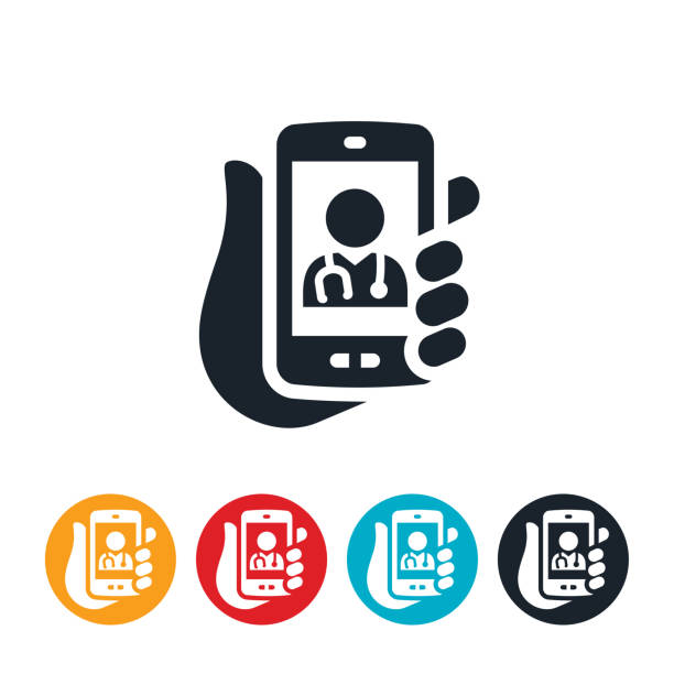 Telemedicine From Smartphone Icon An icon of a doctor appearing on the screen of a smartphone being held by a patient. The icon represents telemedicine. telemedicine stock illustrations
