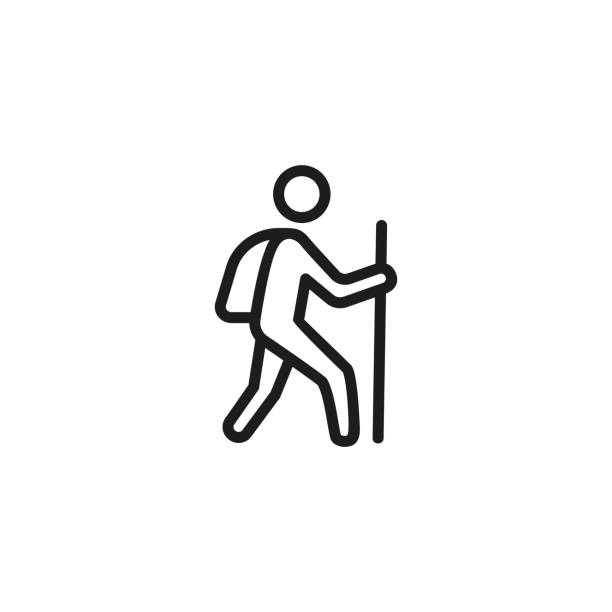 Hiking man line icon Hiking man line icon. Tourist, backpack, walking-stick. Tourism concept. Vector illustration can be used for topics like travelling, activity, lifestyle, hobby hiking icons stock illustrations