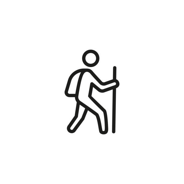 Hiking man line icon Hiking man line icon. Tourist, backpack, walking-stick. Tourism concept. Vector illustration can be used for topics like travelling, activity, lifestyle, hobby hiking sign stock illustrations