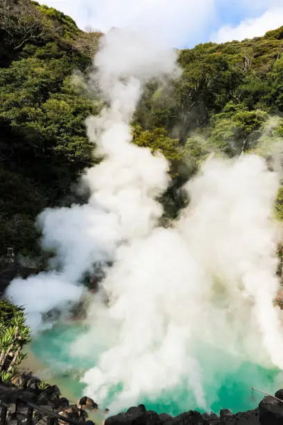 Photo of Umi Jigoku (Sea Hell)  blue water. One of the eight hot springs located at Beppu, Oita, Japan.