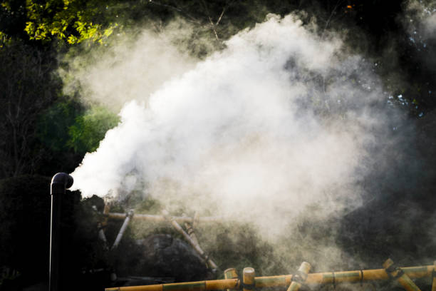 Hot steam flowing out from pipe