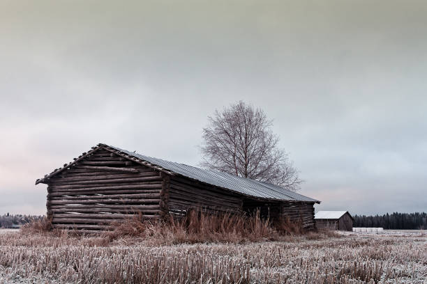 istock Old Barn Houses On The Frosty Fields 1092028166