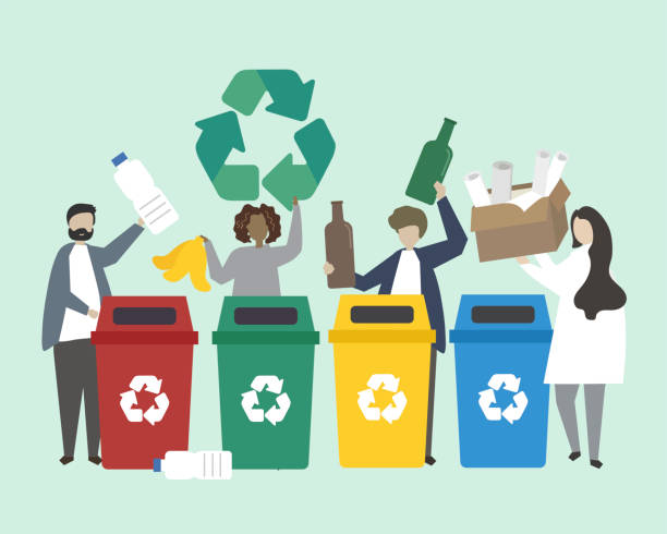ilustraciones, imágenes clip art, dibujos animados e iconos de stock de clasificación de la basura de la gente en ilustración de contenedores de reciclaje - metallic green backgrounds metal