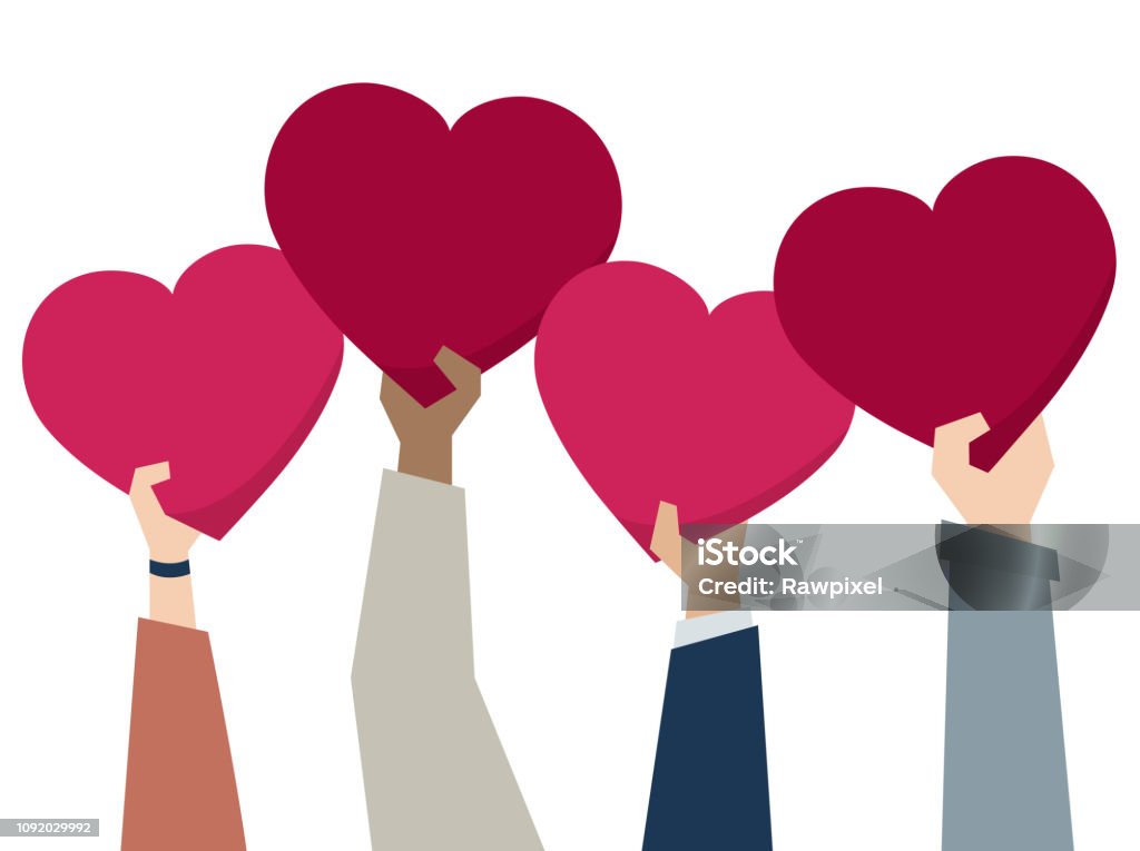 Illustration of diverse people holding hearts Sharing stock vector
