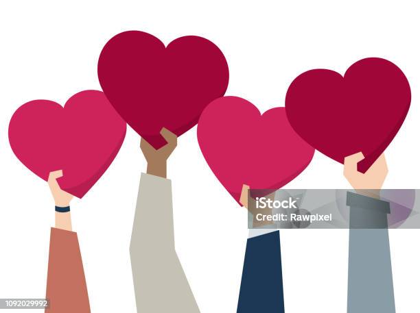 Illustration Of Diverse People Holding Hearts Stock Illustration - Download Image Now - Sharing, Affectionate, Care