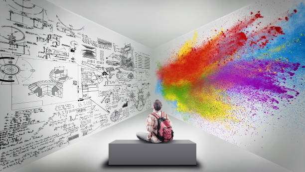 istock Young man sitting in a room divided by brain hemispheres. Creative half and logical half. 1092045082