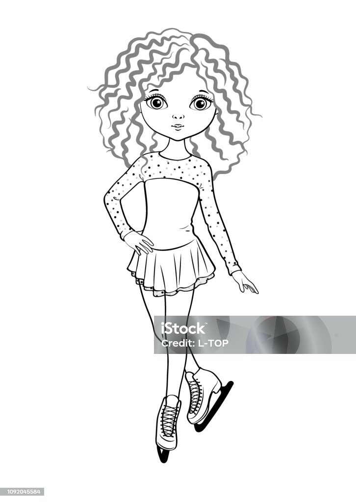 Figure skater. Coloring page outline of cartoon cute Girl on skates. Coloring book for kids. Vector illustration Adult stock vector