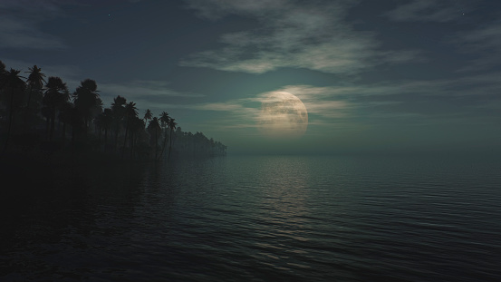 Moonlight Night on the Tropical Beach, Moonlight above the ocean. 3D render