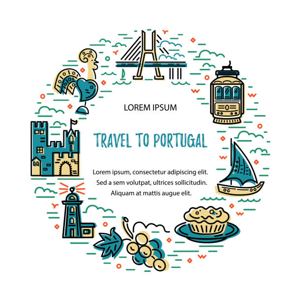 ilustrações de stock, clip art, desenhos animados e ícones de circle frame with symbols of portugal. - pastel de nata ilustrações