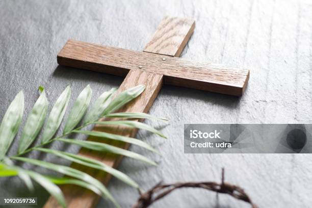 Easter Wooden Cross On Black Marble Background Religion Abstract Palm Sunday Concept Stock Photo - Download Image Now