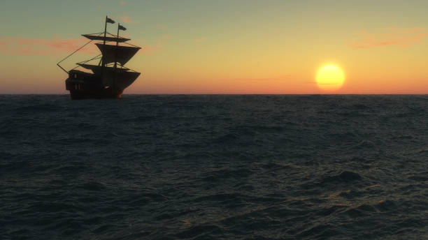istock Pirate ship in the sea at Sunset. 3D render 1092062506