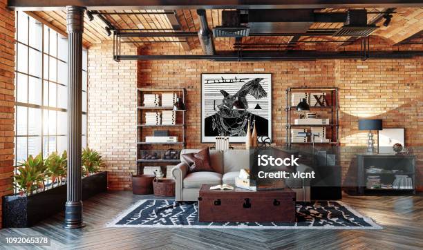 Modern Living Room Stock Photo - Download Image Now - Living Room, Brick, Home Decor