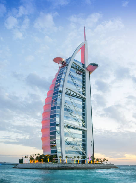 Dubai, UAE - April 28, 2005: The Burj al Arab, one of the world's most luxurious and reconizable hotels, is situated on a man-made island off Dubai in the UAE.