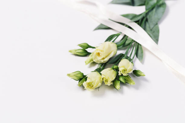 istock Bunch of white Eustoma on light white background with copy space. Floral greeting card for invitation or congratulations. 1092078436